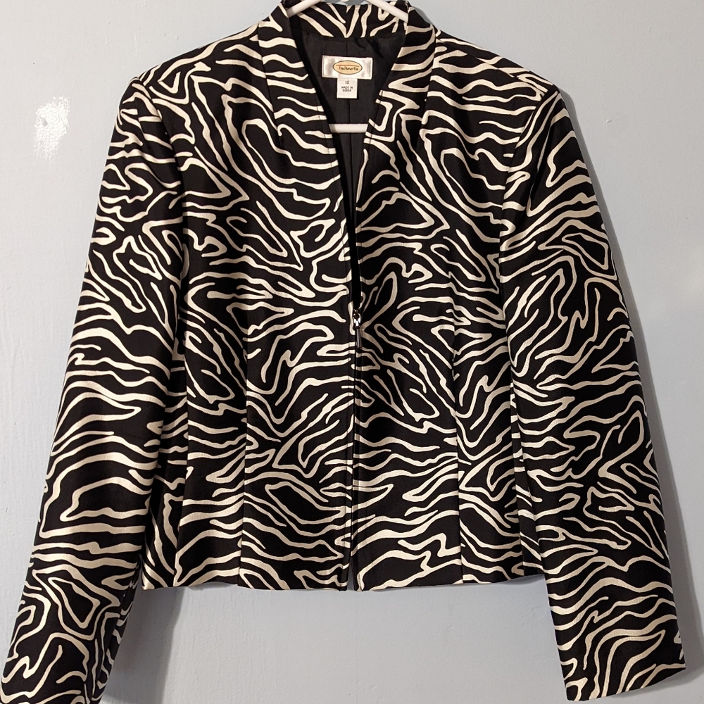 Talbots Silk Wool Blend Crop Zip Lined Zebra Print Long Sleeve Blazer, 12